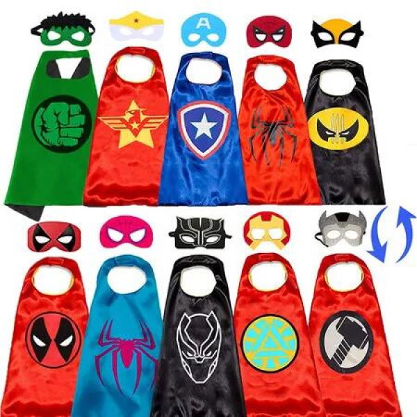 Superhero Capes and Masks Dress up Costumes Christmas Cosplay Festival Birthday Party Favors for Kids 5 Double-sided cloaks plus 10 eye masks