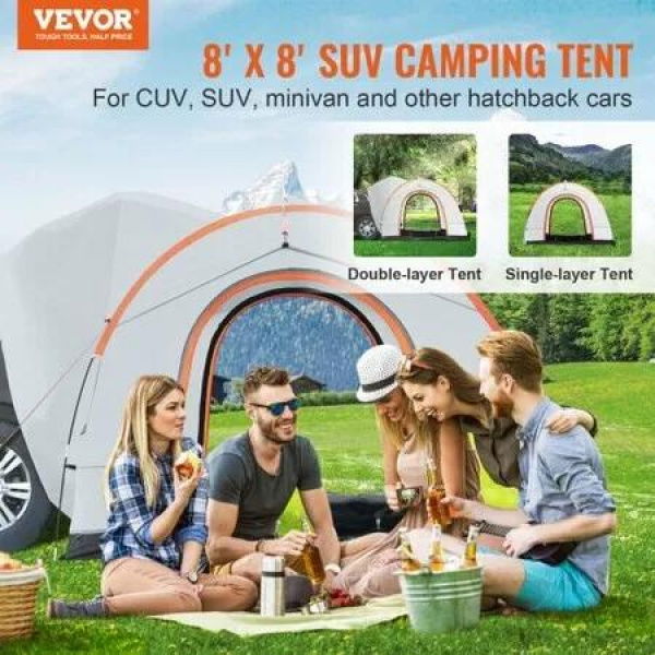 SUV Camping Tent 8'-8' SUV Tent Attachment for Camping with Rain Layer and Carry Bag PU2000mm Double Layer Truck Tent Accommodate 6-8 Person Rear Tent