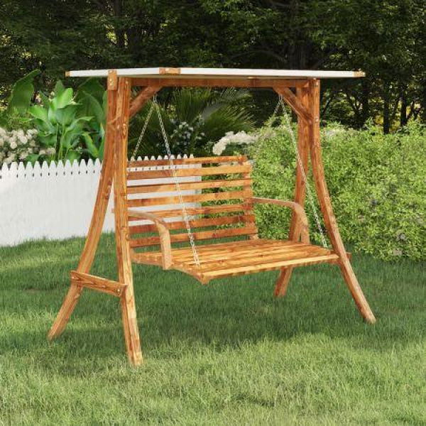 Swing Frame With Cream Roof Solid Bent Wood With Teak Finish