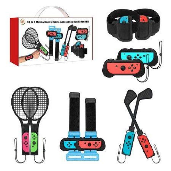 Switch Sports Accessories Bundle - 10 in 1 Family Accessories Kit for Switch & OLED Games : Controller Grip for Mario Golf Super Rush,Wrist Dance Bands & Leg Strap,Comfort Grip Case And Tennis Rackets