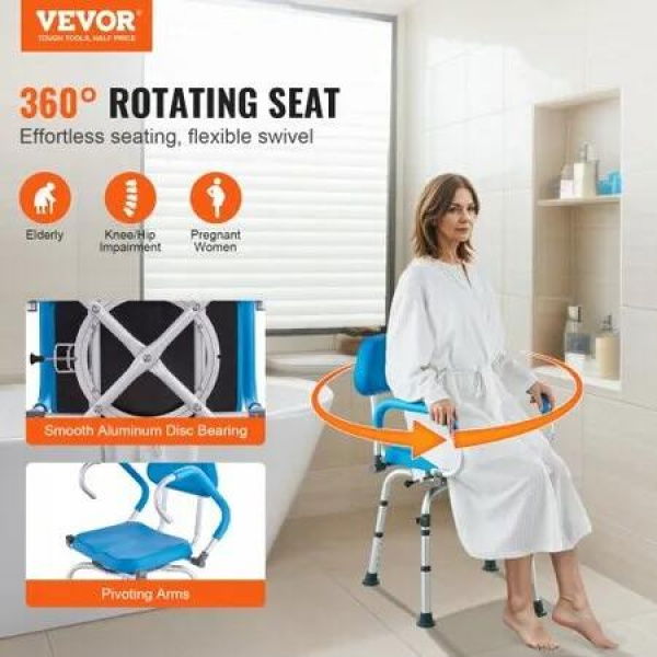 Swivel Shower Chair 360 Degree Adjustable Shower Seat with Pivoting Arms & Padded Bath Seat for Inside Shower or Tub Non-Slip Rotating Bathtub Chair