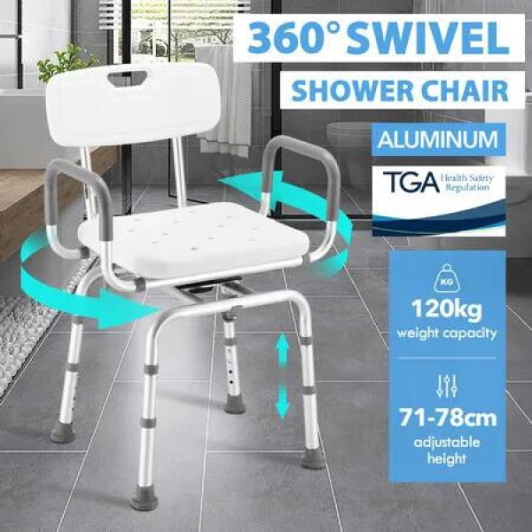 Swivel Shower Chair Medical Bath Seat Stool Adjustable Bathroom Tub Transfer Bench 360Â° Rotating Bedside Mobility Aid Back Arm Raised Seating Elderly