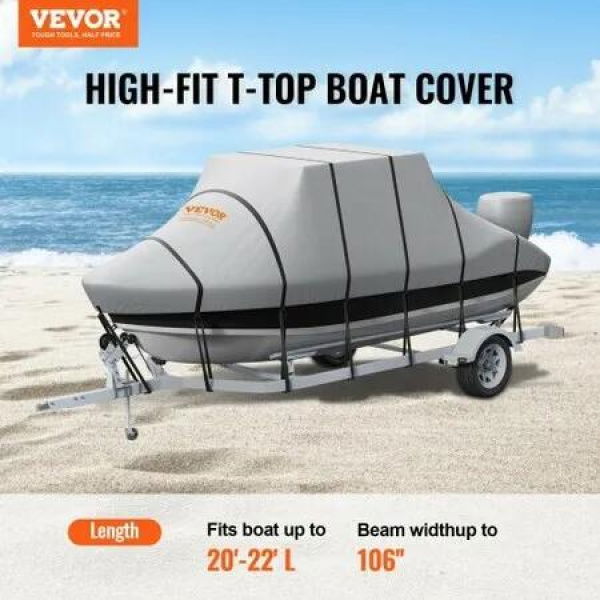 T Top Boat Cover, 20'-22' Waterproof Trailerable T-Top Boat Cover, 600D Marine Grade PU Oxford, with Windproof Buckle Straps, for Center Console Boat with T Top Roof, Fits 20'-22'L x 106W, Grey