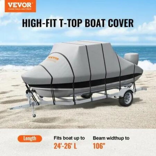 T Top Boat Cover, 24'-26' Waterproof Trailerable T-Top Boat Cover, 600D Marine Grade PU Oxford, with Windproof Buckle Straps, for Center Console Boat with T Top Roof, Fits 24'-26'L x 106W, Grey