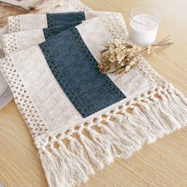 Table Runner for Home Decor 72 Inches Long Farmhouse Rustic Table Runner Cream & Blue Macrame Table Runner with Tassels for Boho Dining Bedroom Decor Rustic Bridal Shower (12x72 Inches)