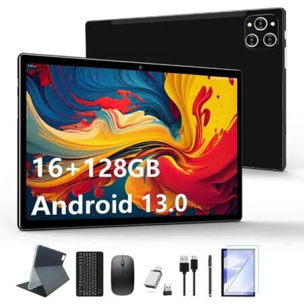 Tablet 10.1 Inch Android 13 Tablet 128GB ROM+16GB RAM (8+8 Virtual),2 in 1 Tablet with Keyboard,Powerful Octa-Core+13MP Camera (Black)