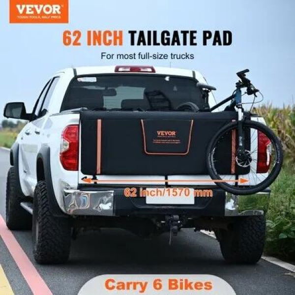 Tailgate Bike Pad, 62 Truck Tailgate Pad Carry 6 Mountain Bikes, Upgraded Grooves Tailgate Protection Pad with Reflective Strips and Tool Pockets, with Camera Opening for Most Pickup Trucks