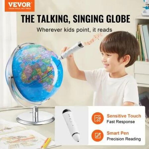 Talking World Globe 228.6 mm Interactive Globe for Kids Early Learning Teaching Educational Globe with Smart Talking Pen LED Night Light USB Interface