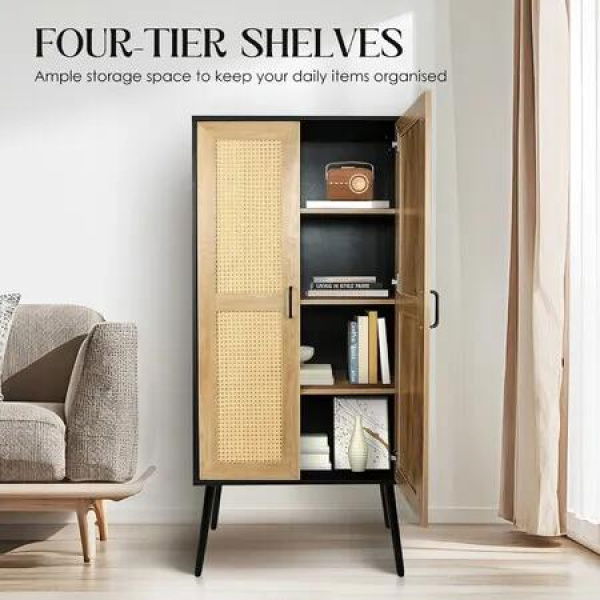 Tall Storage Cabinet Rustic Display Sideboard Bedroom Living Kitchen Pantry Shelf Home Furniture Farmhouse Accent Shelving Unit with Rattan Doors