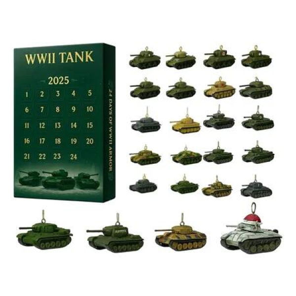Tank Advent Calendars 2025, WW2 Advent Calendars, Christmas Countdown Calendar with 24 2D Acrylic WW2 Tank Ornaments, Hanging Pendants for History Buffs