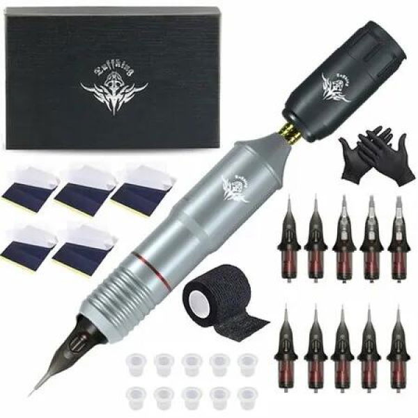 Tattoo Machine Kit Professional Wireless Tattoo Pen Kit Detachable RC Tattoo Power Supply,Tattoo Motor Unit Color Silver