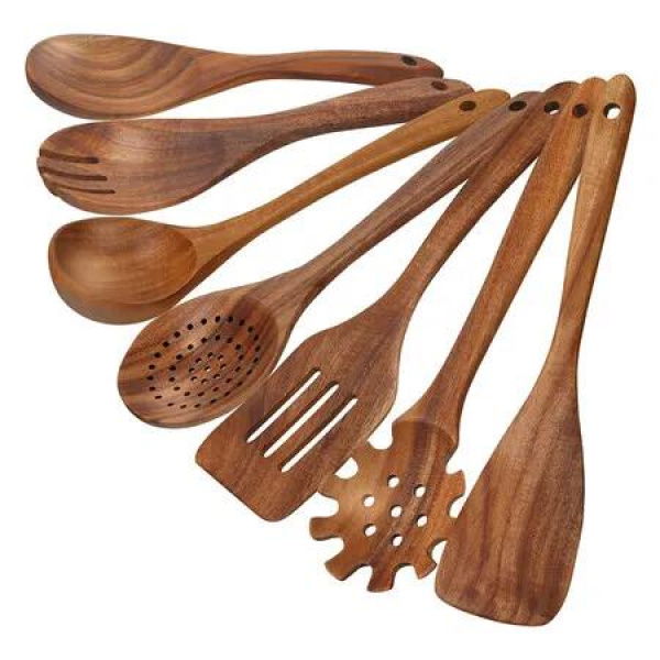 Teak Wooden Spoons for Cooking, 7 Pieces Kitchen Cooking Utenails Set with Spatula and Ladle, Heat Resistant Kitchen Cookware for Nonstick Pan