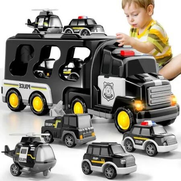 TEMI 5-in-1 Police Truck Toy Set - Friction Powered Emergency Vehicles for Kids 3+