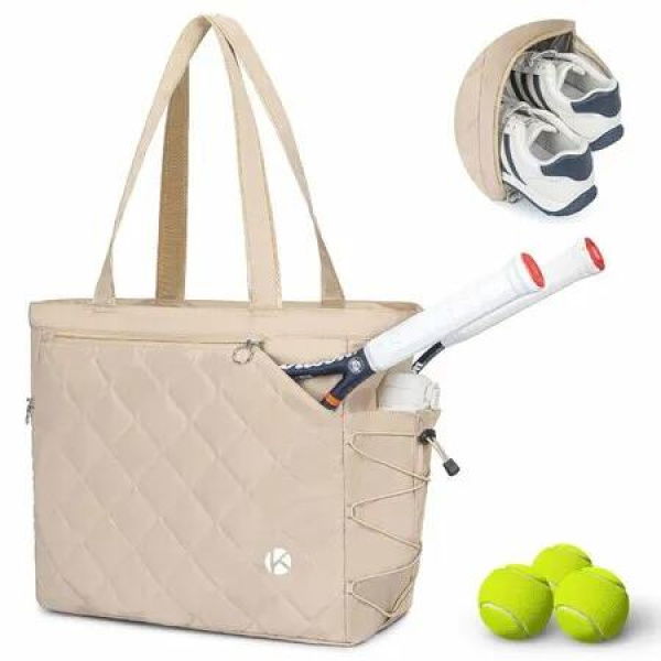 Tennis Bag With Shoe Compartment,Extra Large Padded Pickleball Bag Holds 2-4 Rackets,Water Resistant Lightweight For Men And Women Color Beige