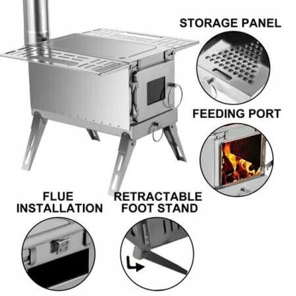 Tent Wood Stove 18.3x15x14.17 inch, Camping Wood Stove 304 Stainless Steel with Folding Pipe, Portable Wood Stove 90.6 inch Total Height for Camping, Tent Heating, Hunting, Outdoor Cooking