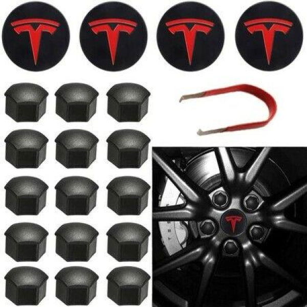 Tesla Model 3 Y S X Wheel Cap Kit 4 Hub Center Cap + 20 Lug Nut Cover (Red)