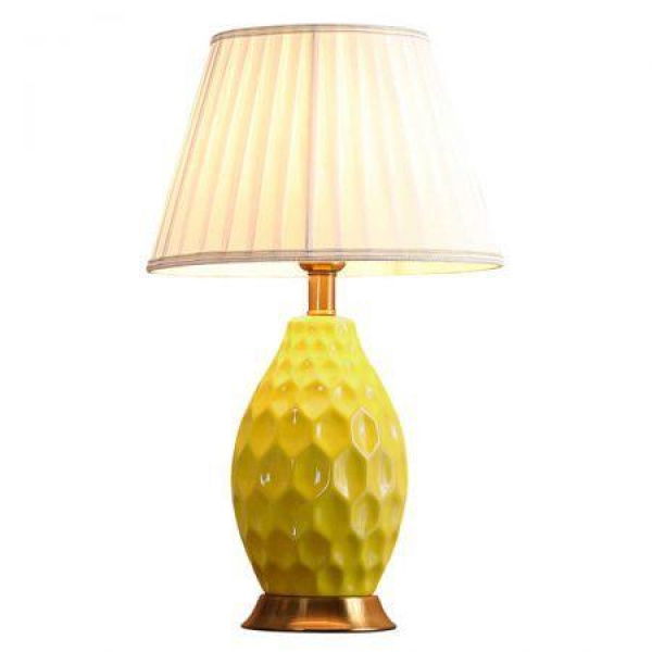 Textured Ceramic Oval Table Lamp With Gold Metal Base Yellow