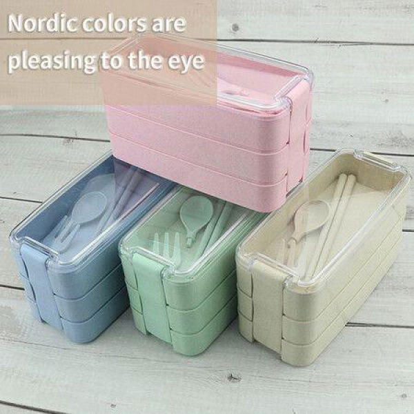 Three Layer Bento Food Storage Container Spoon Fork Chopsticks Lunch Box Set Color Beige