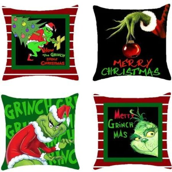 Throw Pillow Case Christmas Covers Grinch Decoration 4Pcs 45x45cm Winter Xmas Farmhouse Cotton Linen Holiday Home Comfortable