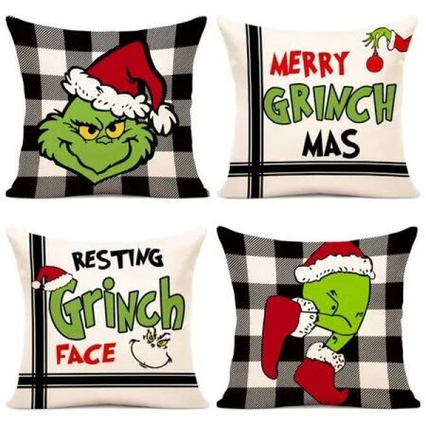 Throw Pillow Covers Christmas Grinch Decor Set 45x45cm 4 Pcs Xmas Farmhouse Cushion Cases Porch Home Festive Cosy Seasonal