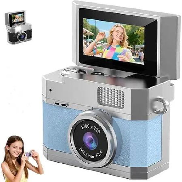 Thumb-Sized Flip Screen Mini Camera, Digital Retro CCD Portable with 32GB Memory Card, 180 Degree Flip Selfie Screen for Kids and Beginners (Blue)