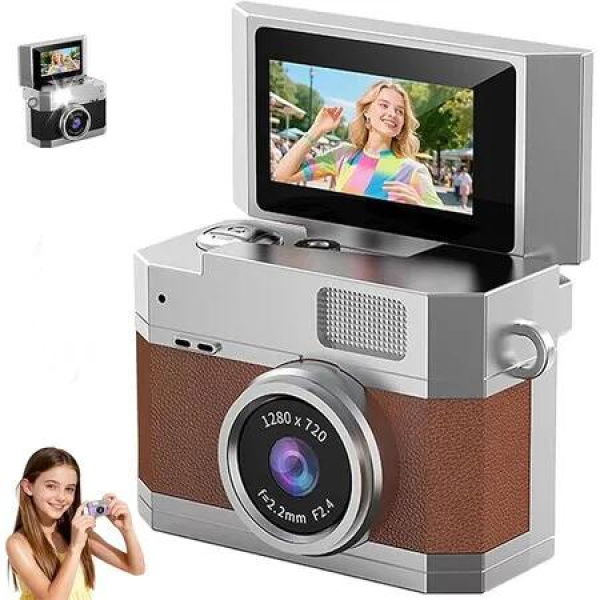 Thumb-Sized Flip Screen Mini Camera, Digital Retro CCD Portable with 32GB Memory Card, 180 Degree Flip Selfie Screen for Kids and Beginners (Brown)