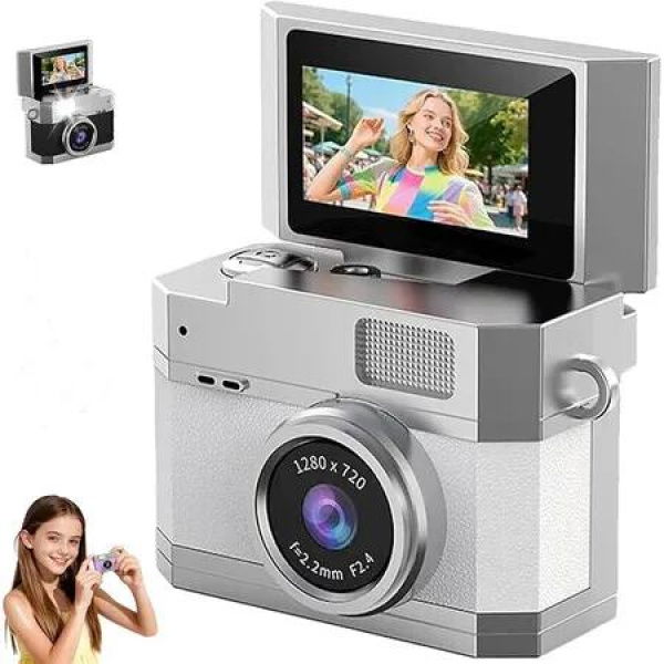 Thumb-Sized Flip Screen Mini Camera, Digital Retro CCD Portable with 32GB Memory Card, 180 Degree Flip Selfie Screen for Kids and Beginners (White)