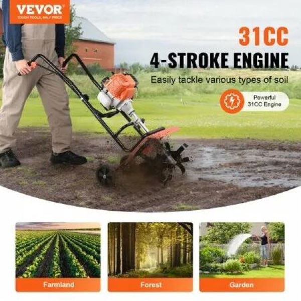 Tiller Cultivator Gas Powered, 38CC 4-Stroke Garden Cultivator, Tiller with 4 Steel Adjustable Front Tines for Lawn, Garden and Field Soil Cultivation