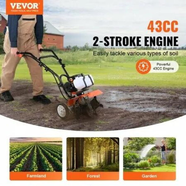 Tiller Cultivator Gas Powered, 43CC 2-Stroke Garden Cultivator, Tiller with 4 Steel Adjustable Front Tines for Lawn, Garden and Field Soil Cultivation