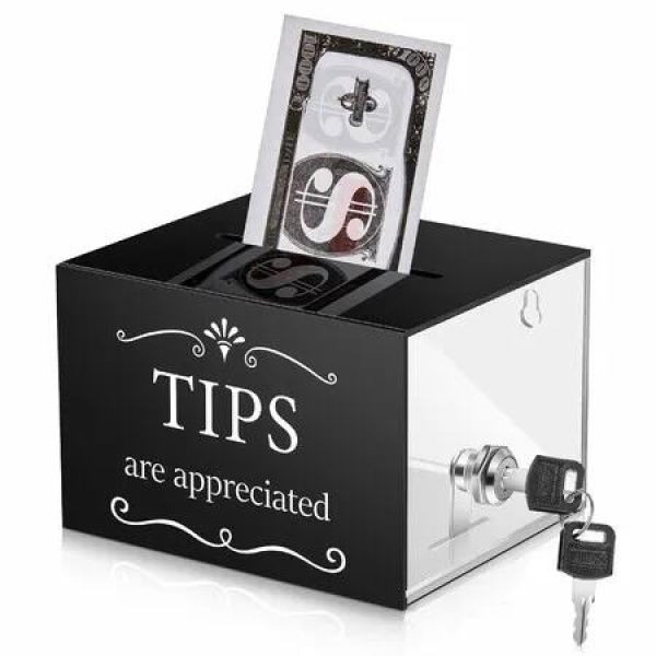 Tip Jars for Money 15 x 12 x 10 CM Acrylic Tip Collection Box with Lock Donation Suggestion Box for Tip Storage Container Raffling Box,BLACK