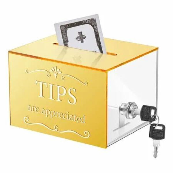 Tip Jars for Money 15 x 12 x 10 CM Acrylic Tip Collection Box with Lock Donation Suggestion Box for Tip Storage Container Raffling Box,Yellow