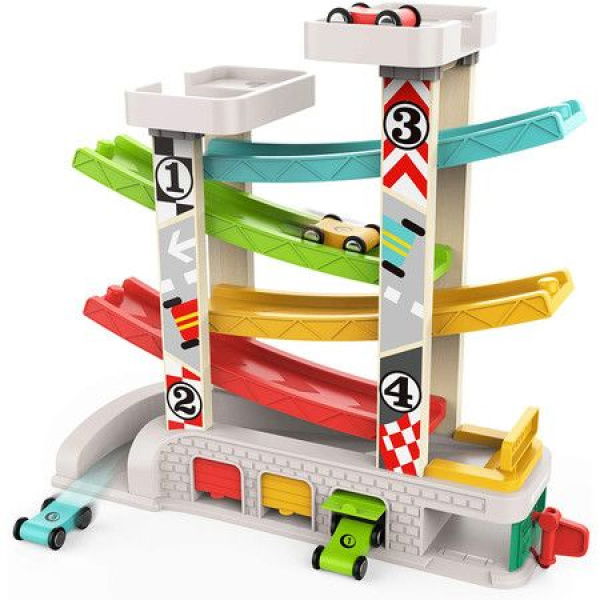 Toddler Race Track Toy With 4 Wooden Cars And 3 Car Garage