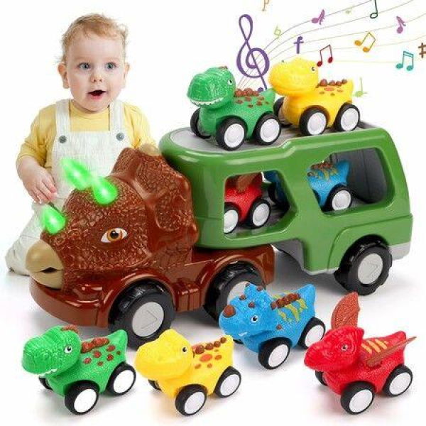 Toddler Trucks Toys for 3 4 5 6 Years Old, 5 in 1 Dinosaur Toys Push and Pull Back Vehicles for Kids