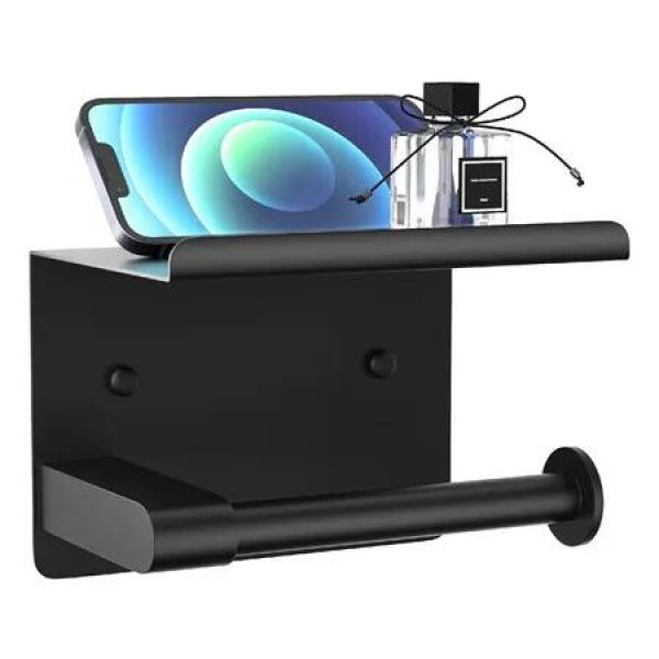 Toilet Paper Holder with Shelf, Fits Mega Rolls, Rustproof Stainless Steel, Self Adhesive Wall Mount Toilet Paper Roll Holder, Black