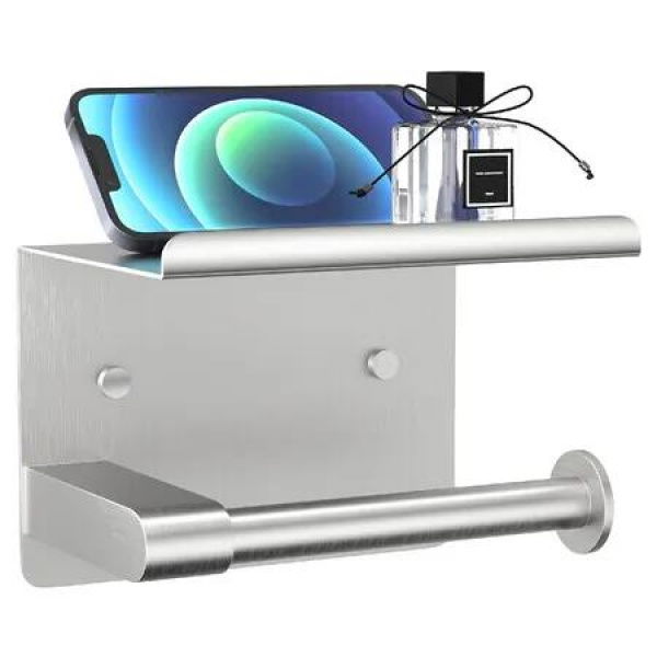 Toilet Paper Holder with Shelf, Fits Mega Rolls, Rustproof Stainless Steel, Self Adhesive Wall Mount Toilet Paper Roll Holder, Silver