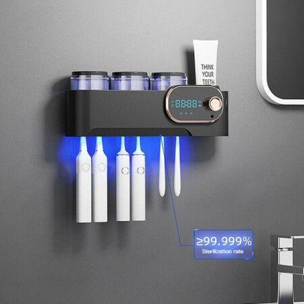 Toothbrush Holder Wall Mounted for Bathroom Automatic Toothpaste Dispenser Kit with 3 Cups Kids & Family Set Toothbrush Holders Storage Rack-Black