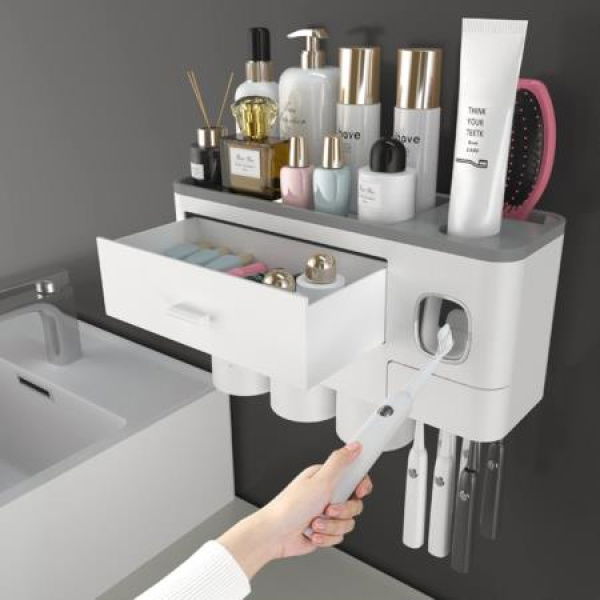 Toothbrush Holders For Bathrooms3 Cups Toothbrush Holder Wall Mounted With Toothpaste DispenserLarge Capacity TrayCosmetic Drawer And 6 Brush Slots With Cover Tooth Brush Holder