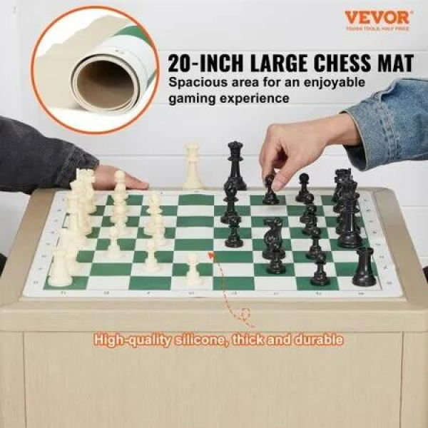 Tournament Chess Set Roll-Up Beginner Chess Board Foldable Silicone Chess Game with Plastic Weighted Chess Pieces & Storage Bag Portable Travel Chess Board