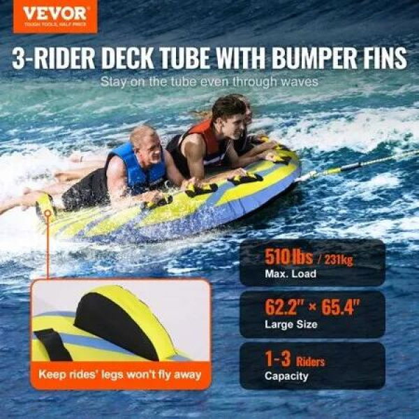 Towable Tube for Boating 1-3 Riders Inflatable Towable Tube with Bumper Fins 510 lbs Water Sport Towable Tubes for Boats to Pull Full Nylon Cover EVA Grab