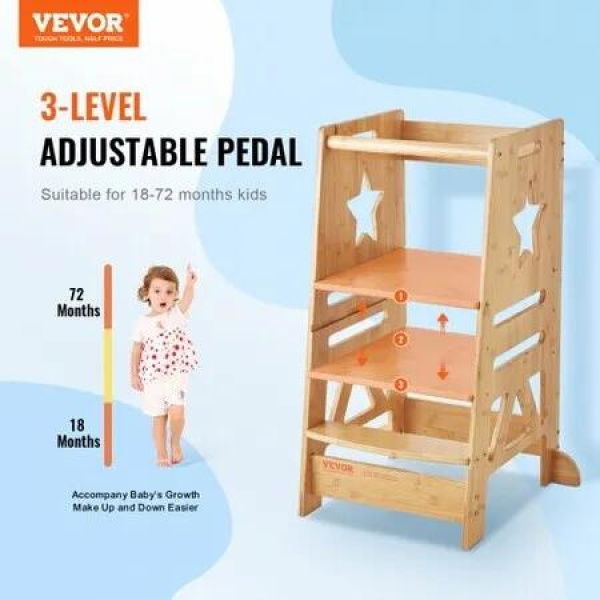 Tower Step Stool for Kids and Toddlers 3-Level Height Adjustable Toddler Kitchen Stool Helper Bamboo Standing Tower Learning Stool with Safety Rail 350LBS