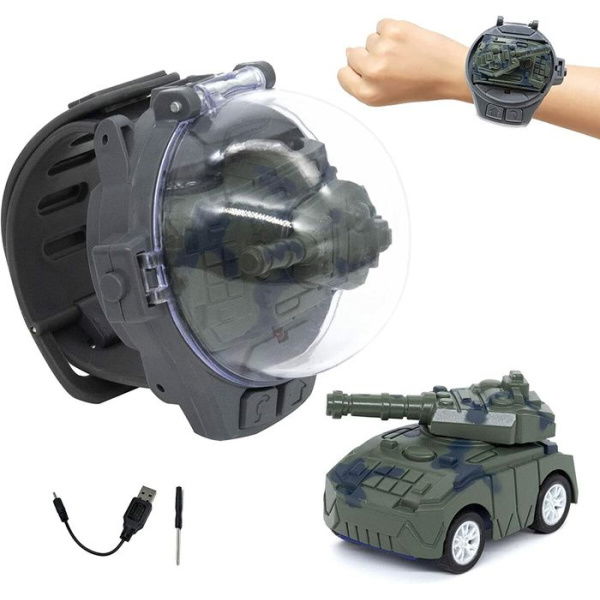 Toy Mini Remote Control Watch Car 2.4 GHz Cute Racing With LED Light USB Charging Silicone Watchband (Tank Army Green)