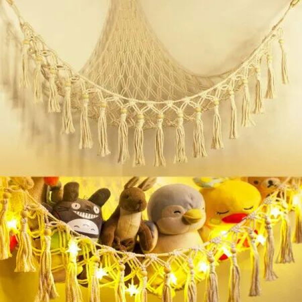 Toy Storage Hammock Stuffed Animal LED Light Macrame Jumbo Doll Room Corner Organizer Mesh Hanging Net Decoration Kids Bedroom Beige