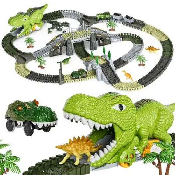 Toys Race Track 281 Pcs Train Setwith 4 Dinos Figures,2 Electric Race Cars with Light for Kids