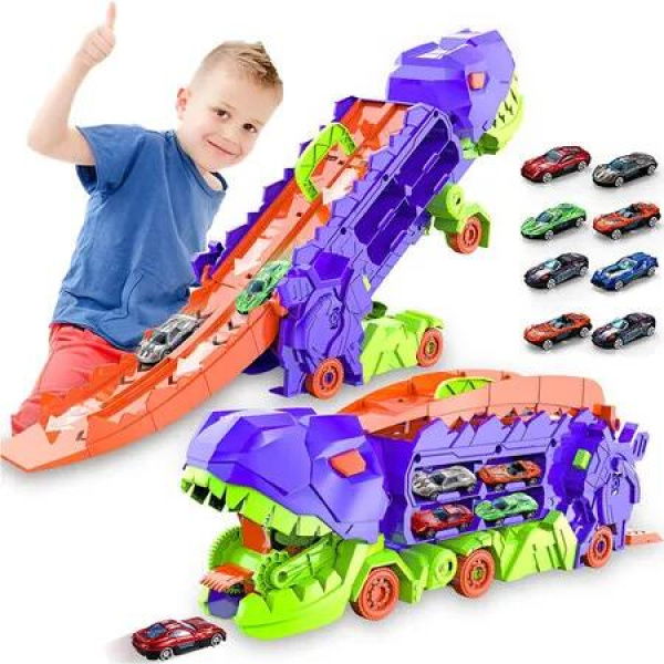 Track Car Toy, Transforms into Stomping Dragon with Ultimate Transporter Hauler Race Track, Toys for 4, 5, 6 Year Old Boys (Random 8 Cars), Purple