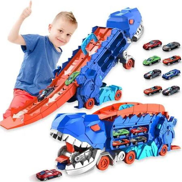 Track Car Toy Transforms into Stomping Dragon with Ultimate Transporter Hauler Race Track Toys for Boys Ages 4-6