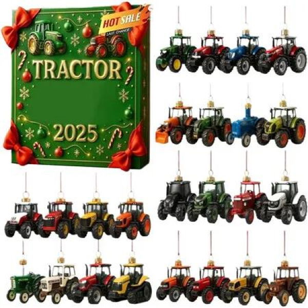 Tractor Advent Calendar, 2D Acrylic Pendant Christmas Countdown, 24 Day Farm Ornament Set Themed Tractor Tree Decor Winter Holiday Display