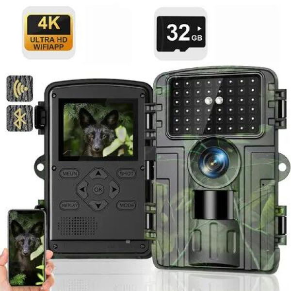 Trail Camera,4K 60MP WiFi Bluetooth Game Cameras with No Glow Night Vision,0.1s Trigger Motion Activated,IP66 Waterproof Hunting Camera