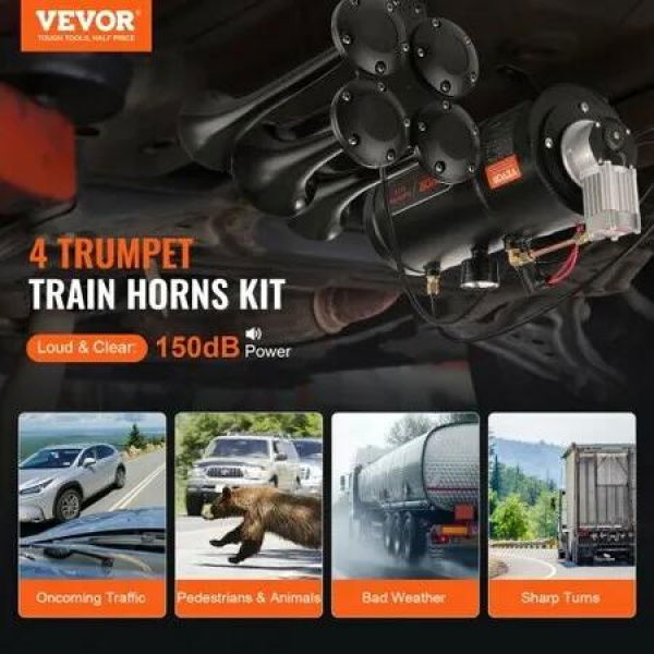 Train Horns Kit, 4 Trumpet Air Horn Kit, 150dB Train Horns for Pickup Trucks, 12V 120 psi Air Compressor 0.8 Gal/3 L Tank with Gauge for Any 12V Vehicle Car Truck Train Van Boat