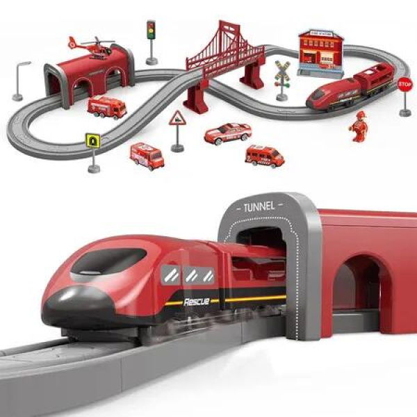 Train Sets for Boys and Girls, 66 Pcs Trains Toy with Battery Operated & Tracks Magnetic Connection, Christmas Toy Gifts (Red)