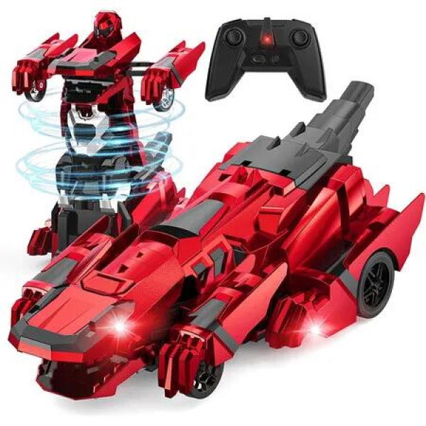 Transform Rc Cars, 2.4Ghz Remote Control Car Transforming Robot with Flashing Light Car Toy Gifts for Boys Age 4 to 12, Red